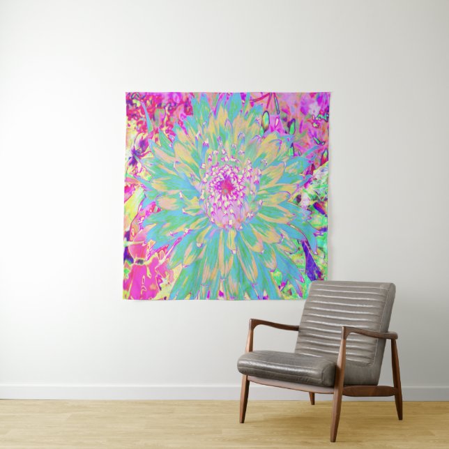 Tapiz Flor de Dahlia verde y rosa caliente decorativa Ve (In situ)