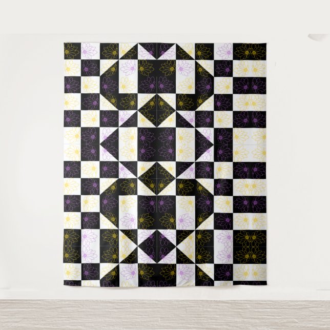 Tapiz flor en patrón monocromo de chequeo estético (Anverso)