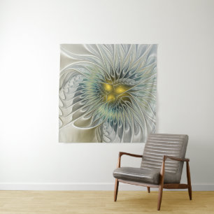 Tapiz Flor Fantasía de Plata Dorada Arte Fractal abstrac