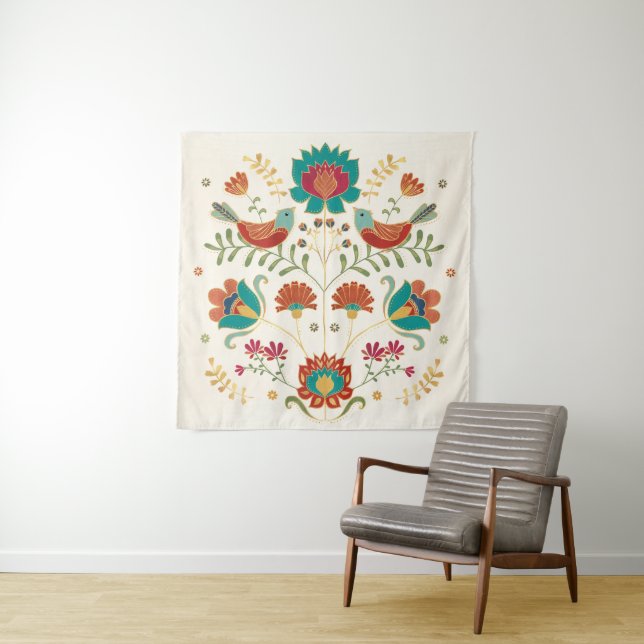 Tapiz Flor folclórica con pájaros (In situ (horizontal))