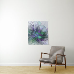 Tapiz Flor Moderna Abstracta Fractal Verde Púrpura