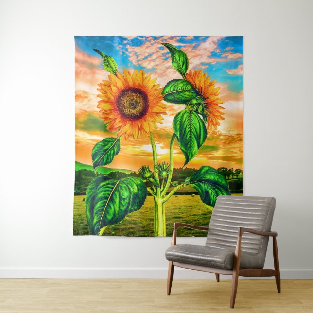 Tapiz Flor naranja con hojas verdes - Sunflower Sunset (In situ)