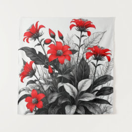 Tapiz Flor Roja Sobre La Planta Blanca Negra