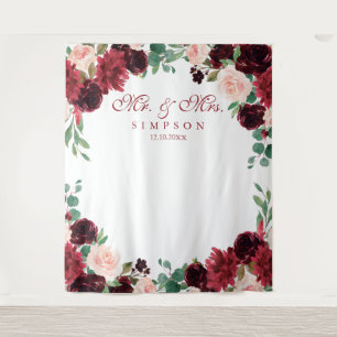 Tapiz Floral Burgundy & blush Mr & Mrs wedding backdrop