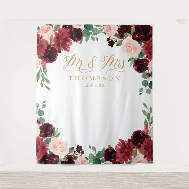 Tapiz Floral Burgundy & blush Mr & Mrs wedding backdrop (Anverso)