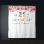 Tapiz Floral Butterflies Pink Happy 21st Birthday Tapest<br><div class="desc">Purpurina con sofisticada tipografía de nombre de guión. Faux rosa oro 21 globo texto. Roses rosados y borde superior de la mariposa. Excelente para las celebraciones del 21.</div>