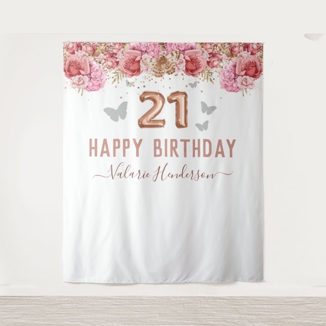 Tapiz Floral Butterflies Pink Happy 21st Birthday Tapest (Anverso)