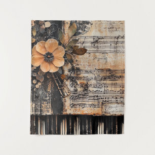 Tapiz Floral con claves de piano rústicas y hoja de músi