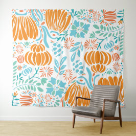 Tapiz Floral de Boho Azul y naranja