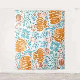 Tapiz Floral de Boho Azul y naranja