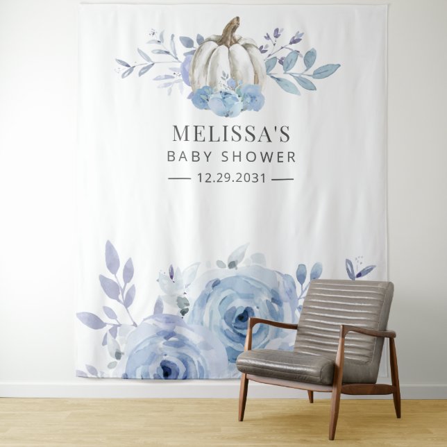 Tapiz Floral de calabaza Baby Shower Dusty Blue (In situ)