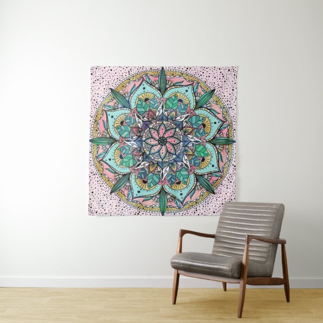 Tapiz Floral de color de agua colorida Boho Mandala (In situ (horizontal))