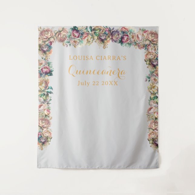 Tapiz Floral de diamante dorado glamoroso Quinceanera (Anverso)