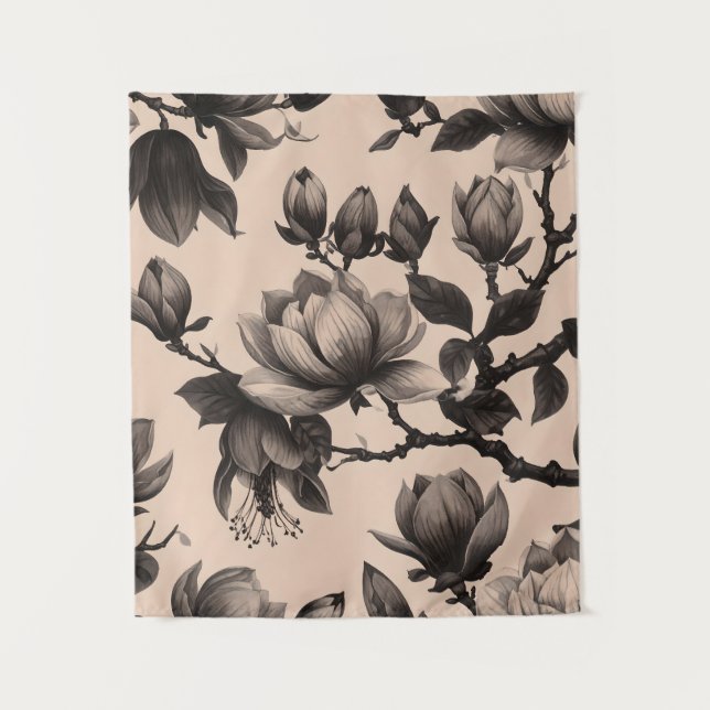 Tapiz floral de magnolia monocroma vintage (Anverso)