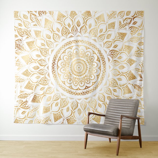 Tapiz Floral de oro blanco de Girly Mandala (In situ (horizontal))