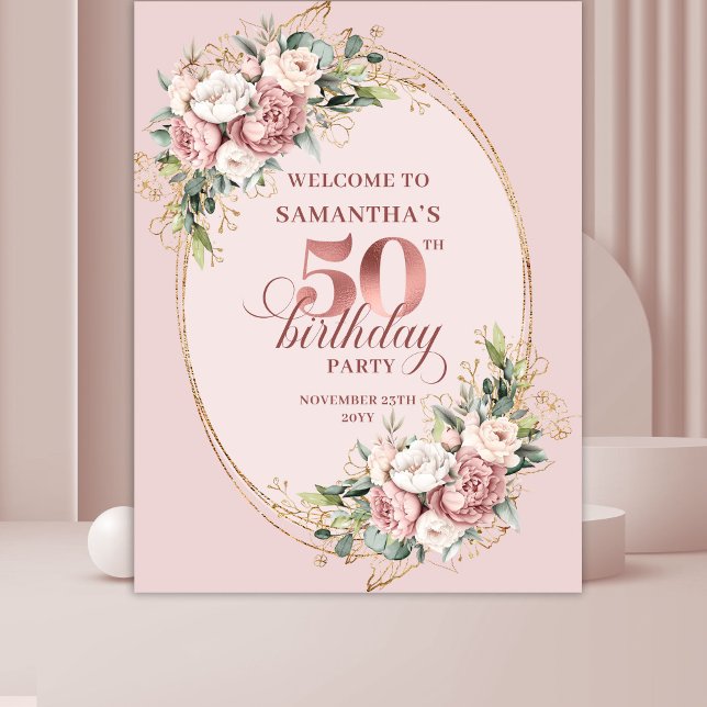 Tapiz Floral de Verde con Rubor Elegante para Cumpleaños (Graceful Blush Floral Greenery 50th Birthday Backdrop)