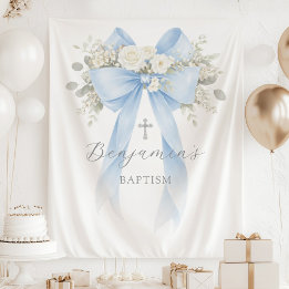 Tapiz  Floral Eucalyptus Blue Bow Baby Boy Baptism