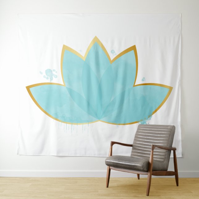 Tapiz Floral Lotus acuarela Seafoam Blue & Faux Gold (In situ (horizontal))