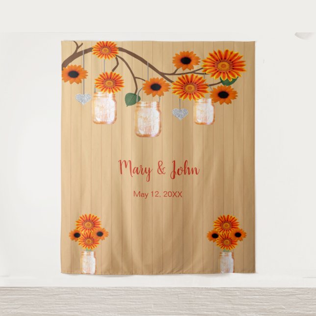 Tapiz Floral Mason Jar, Naranja de Madera Rústica, foto  (Anverso)