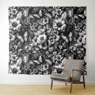 Tapiz Floral monocromática antigua con mariposas