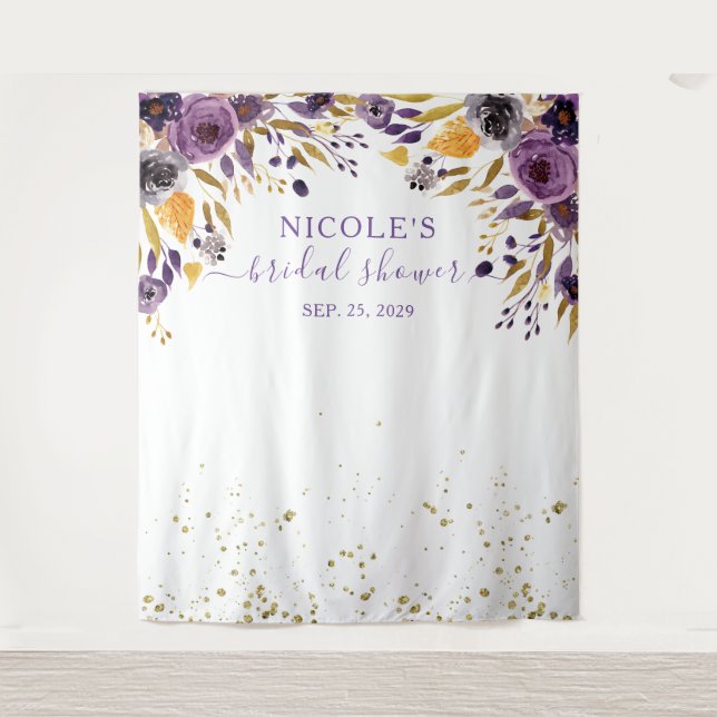 Tapiz Floral púrpura y ducha de novia dorada fondo (Anverso)