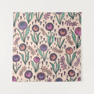 Tapiz Floral retro de los años 60. Ilustracion pintado a