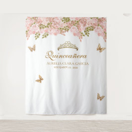 Tapiz Floral Rubor Pink Gold Tiara Butterfly Quinceañera