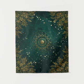 Tapiz Floreado ornamentado verde y dorado
