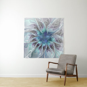 Tapiz Florecer Abstracto Moderno Floral Fractal Con Azul