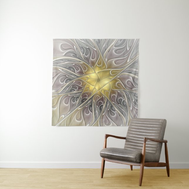 Tapiz Florecer Con Flor Fractal Moderna De Oro Abstracto (In situ)