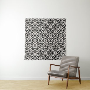 Tapiz Florecer Patrón Damask Negro sobre Crema