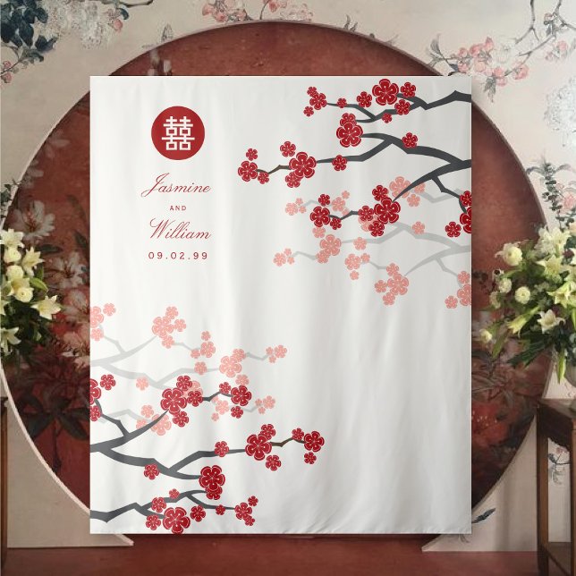 Tapiz Florecimiento de cerezos rojos en Boda chino foto  (White/Red Cherry Blossoms Double Happiness, Chinese Wedding Backdrop Tapestry @ fatfatin_red_knot)