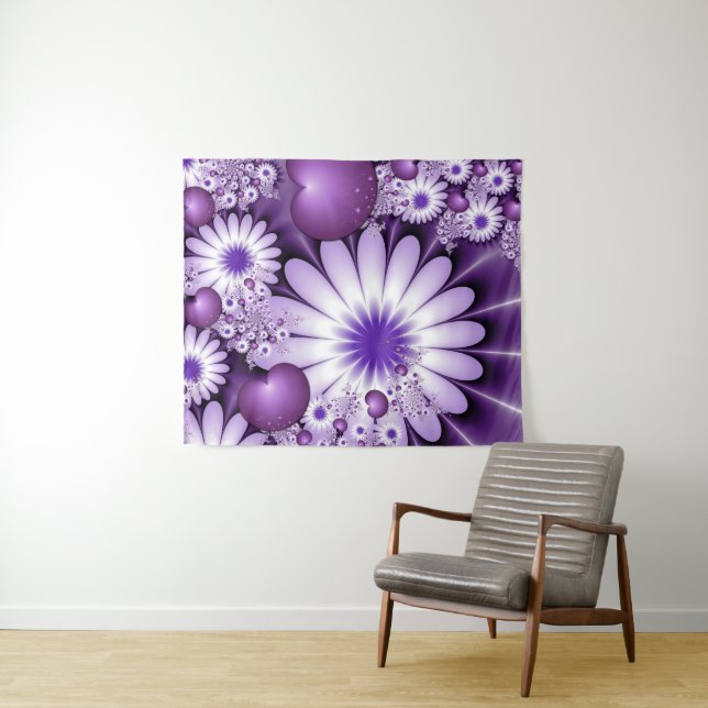 Tapiz Flores abstractas y fractales cardíacos en el amor (In situ (horizontal))