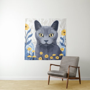 Tapiz Flores amarillas de gato azul ruso
