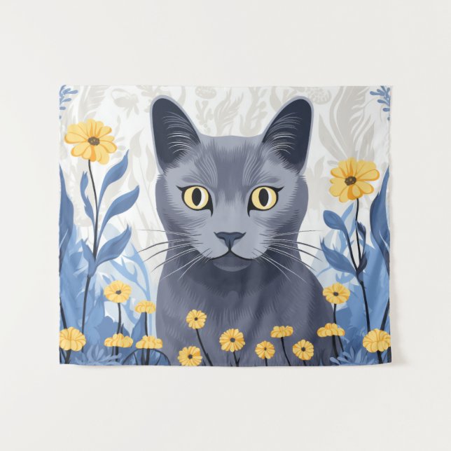 Tapiz Flores amarillas de gato azul ruso (Anverso (horizontal))
