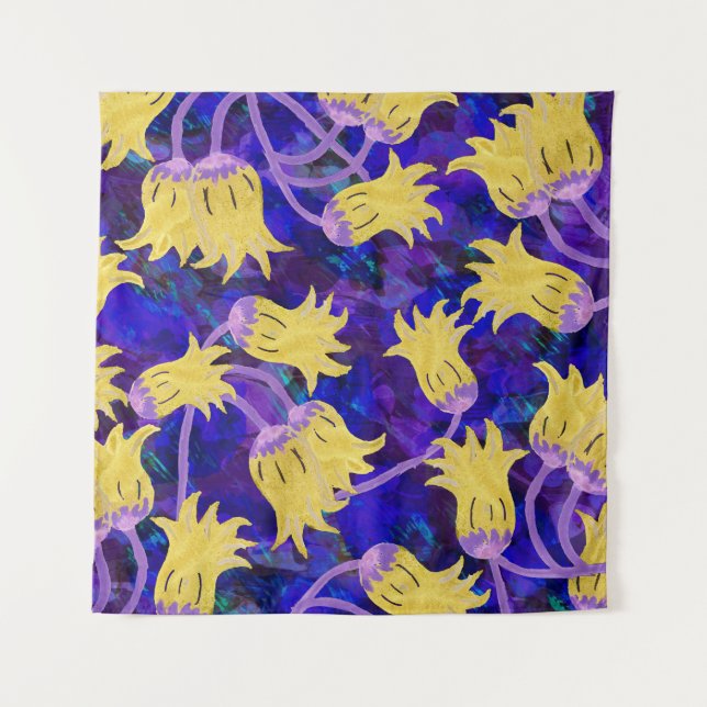 Tapiz Flores amarillas: fondo oscuro acuarela arte (Anverso)