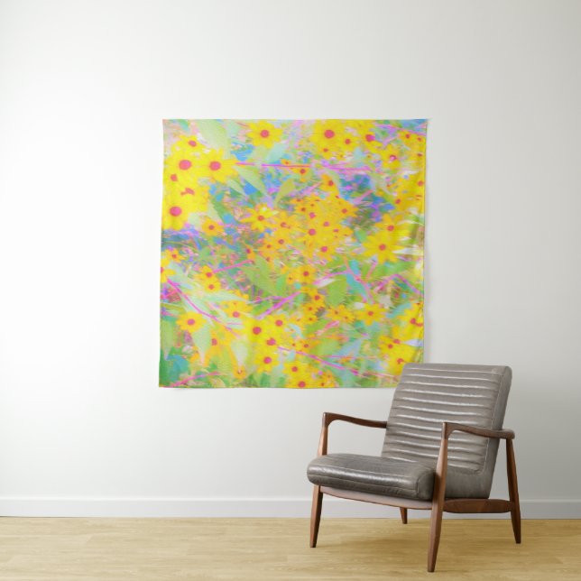 Tapiz Flores amarillas y rojas bonito con azul turquesa (In situ)