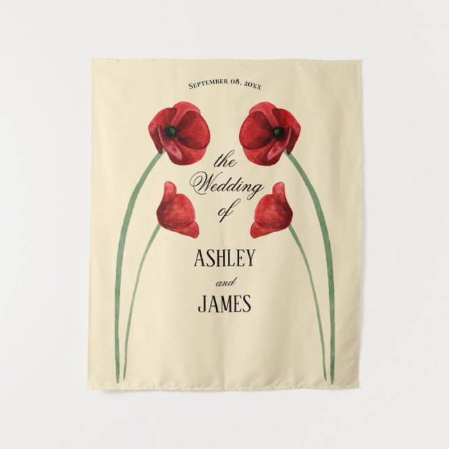 Tapiz Flores Arqueadas de Amapola Roja Boda Moderna (Anverso)