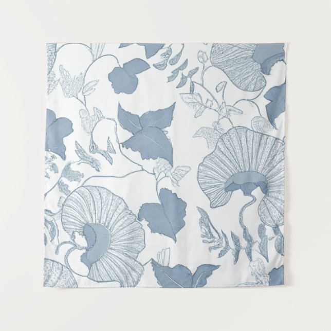 Tapiz Flores azules japonesas de fondo blanco (Anverso)