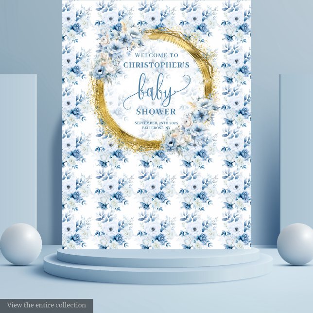 Tapiz Flores azules polvorientas encantadoras foto de un (Charming dusty blue flowers gold baby shower photo Tapestry)