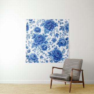 Tapiz Flores Azules Rosas Peonías Blancas Cobalto