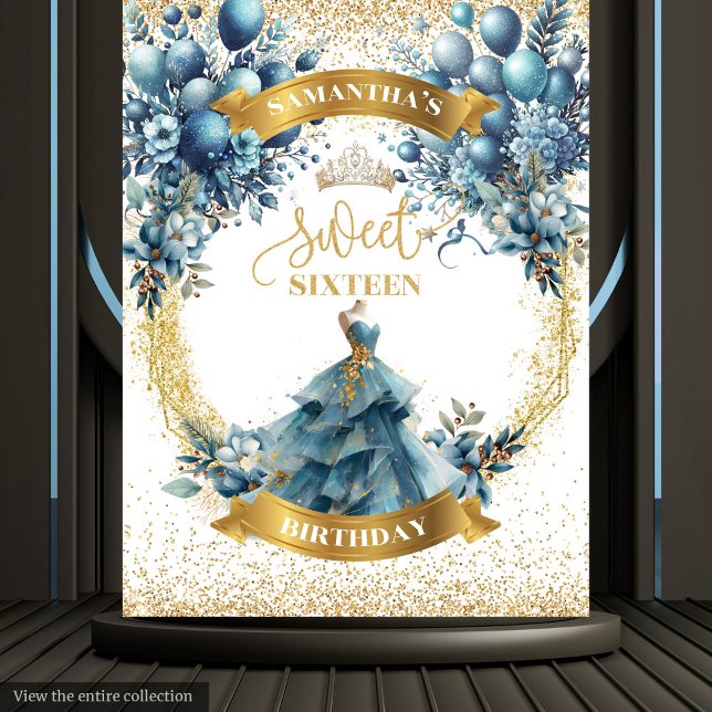 Tapiz Flores azules y doradas dulce dieciséis paredes Fi (Blue and Gold Flowers Sweet Sixteen Party Wall Tapestry )