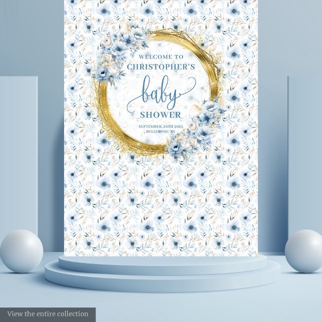 Tapiz Flores azules y polvorientas doradas banner de duc (Dainty dusty blue flowers gold baby shower banner tapestry)