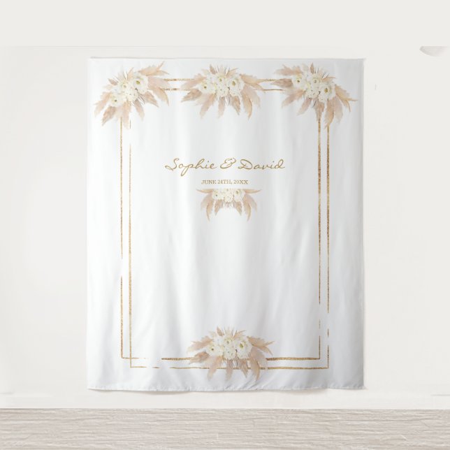 Tapiz Flores Blancas Hierba de las Pampas Fotomatón Boda (Anverso)
