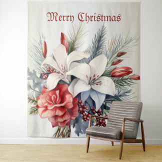 Tapiz Flores Blancas Rojas Navidad Elegante Fiestas