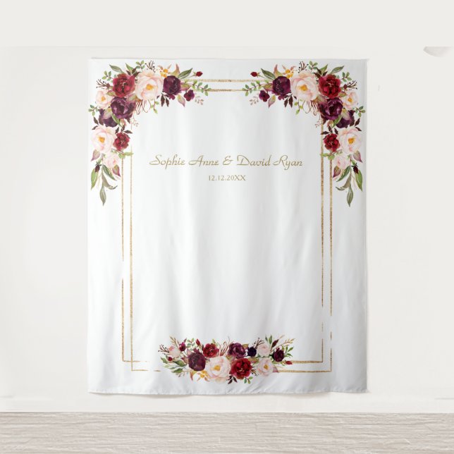 Tapiz Flores Burgundy Blush Bodas Foto Booth Dorado (Anverso)