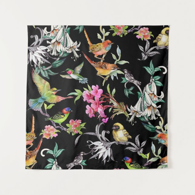 Tapiz Flores de aves tropicales: Patrón acuarela (Anverso)