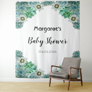 Tapiz Flores de cactus y suculentas blancas Baby Shower