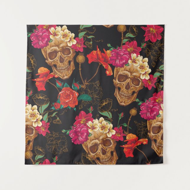 Tapiz Flores De Calavera: Fondo Oscuro Sin Marea. (Anverso)