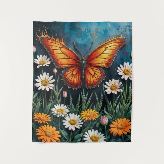 Tapiz Flores de camomila de mariposa de insectos naranja (Anverso)